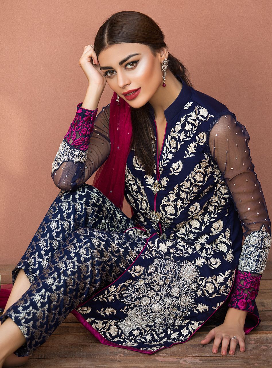 Zainab Chottani | Semi Formals | NAVY BLUE FLORAL DRESS - Ladies Clothes - Maria Faisal