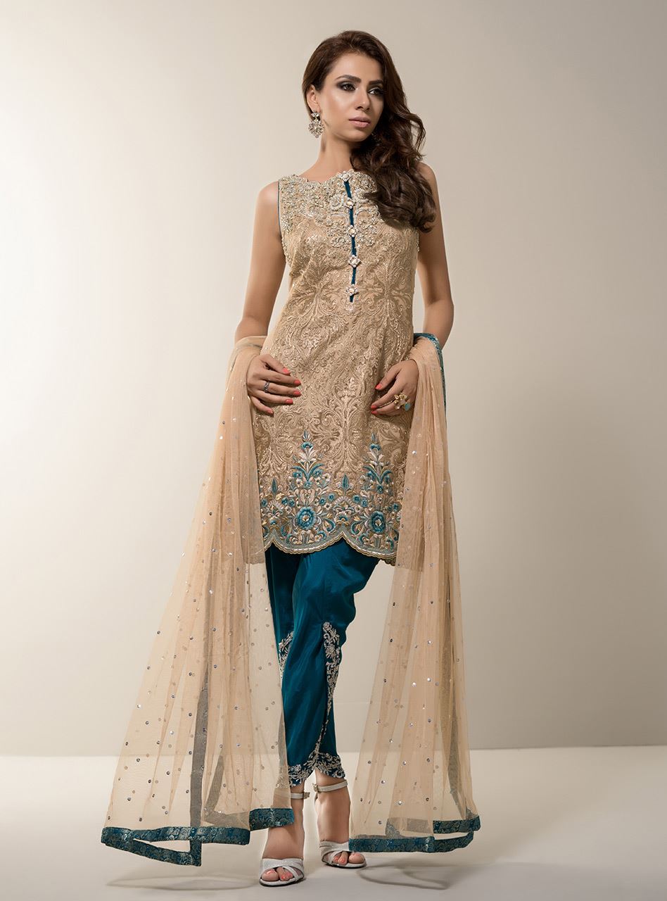 Zainab Chottani | Semi Formals | BEIGE GOLD WITH TEAL DRESS - Ladies Clothes - Maria Faisal