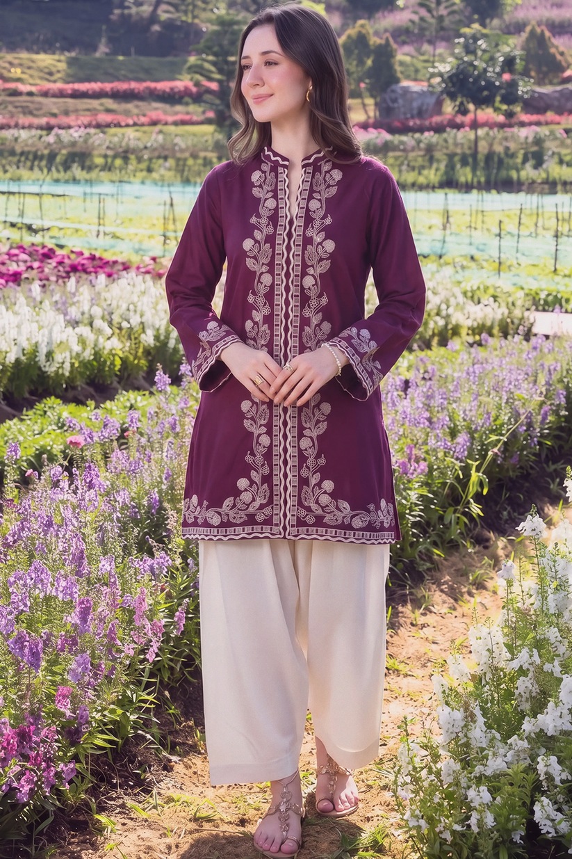 Saad Shaikh | Ease Fall Edit 26 | Prune - Casual Dress - available at Maria Faisal in UK and USA.