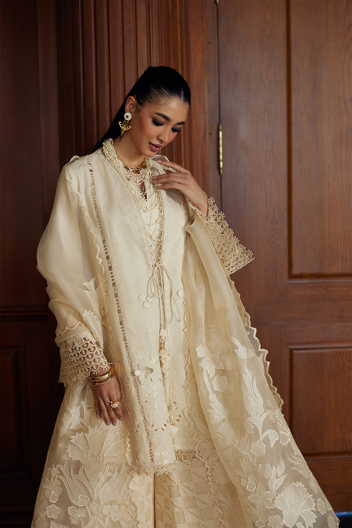 White Cutwork Embroidery Lawn front-open shirt with azaar pant - Saad Bin Shahzad | Summer Pret'26 | LIZA - Festive Dress - available at Maria Faisal in UK and USA.