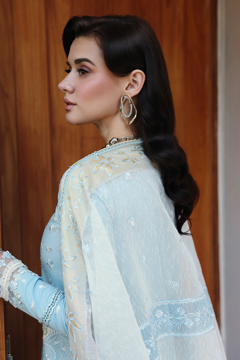 Model Wearing Light Blue Lawn Front Open Shirt - Qalamkar | Chikankari Eid Edit 26 |CM-05 NAYRA - Ladies Clothes - Maria Faisal