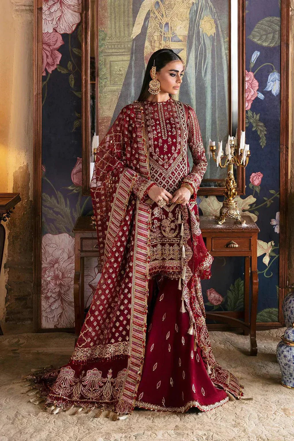 Afrozeh Hayat Wedding Formals 23 Dabeer – Maroon Pakistani Dress with intricate embroidery and embellishments. Shop elegant Asian dresses at Maria Faisal.
