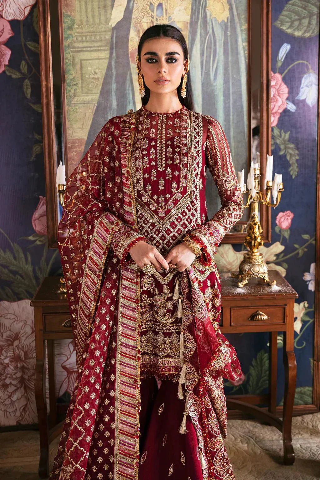 Afrozeh Hayat Wedding Formals 23 Dabeer – Maroon Pakistani Dress with intricate embroidery and embellishments. Shop elegant Asian dresses at Maria Faisal.