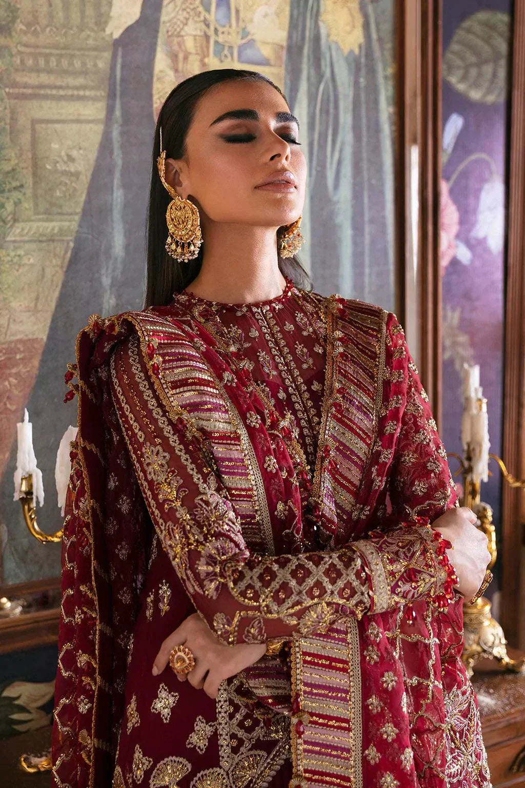 Afrozeh Hayat Wedding Formals 23 Dabeer – Maroon Pakistani Dress with intricate embroidery and embellishments. Shop elegant Asian dresses at Maria Faisal.