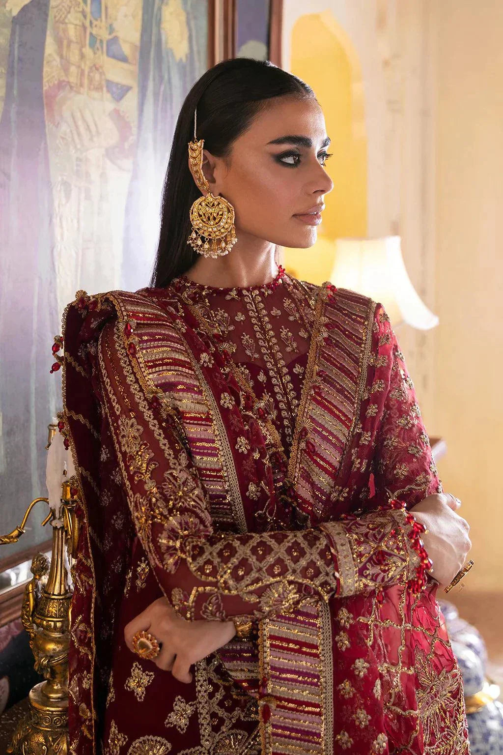 Afrozeh Hayat Wedding Formals 23 Dabeer – Maroon Pakistani Dress with intricate embroidery and embellishments. Shop elegant Asian dresses at Maria Faisal.