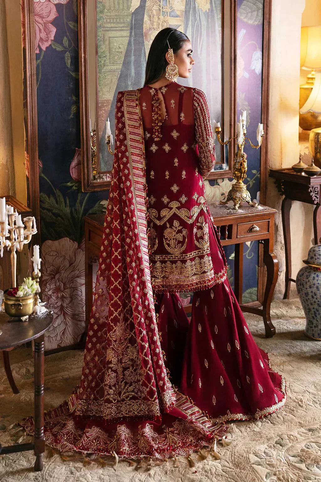 Afrozeh Hayat Wedding Formals 23 Dabeer – Maroon Pakistani Dress with intricate embroidery and embellishments. Shop elegant Asian dresses at Maria Faisal.