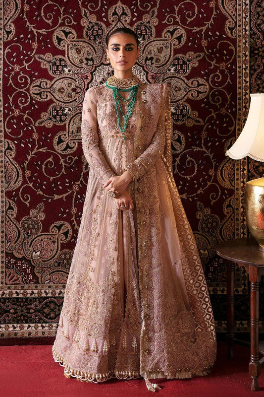 Afrozeh Hayat Wedding Formals 23 Rubab – Peach Pakistani Dress with intricate embroidery and embellishments. Shop elegant Asian dresses at Maria Faisal.