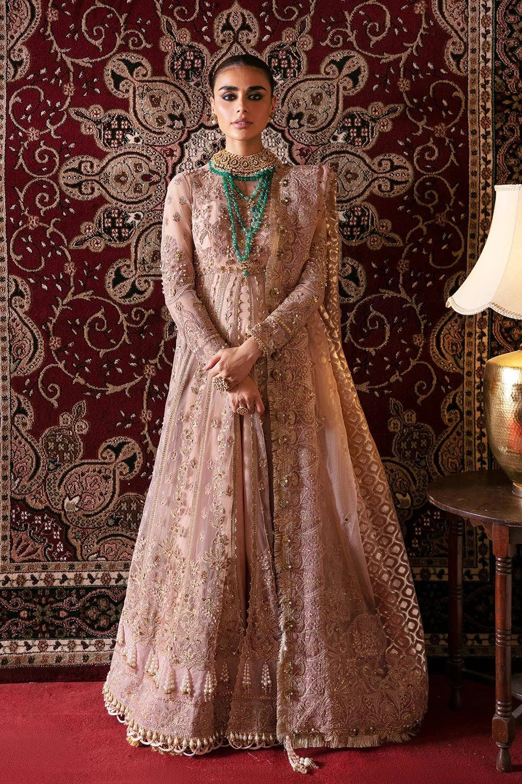 Afrozeh Hayat Wedding Formals 23 Rubab – Peach Pakistani Dress with intricate embroidery and embellishments. Shop elegant Asian dresses at Maria Faisal.