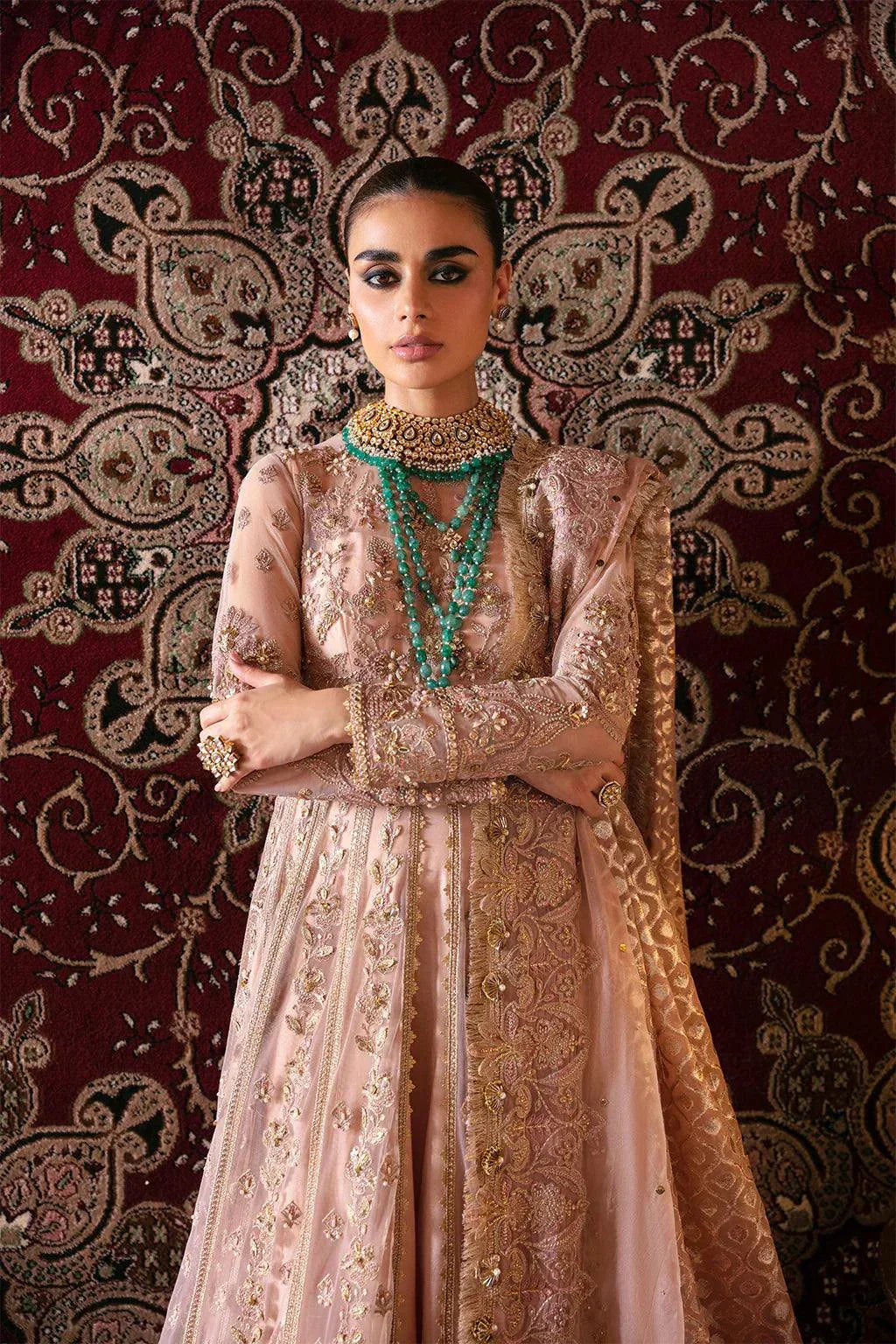 Afrozeh Hayat Wedding Formals 23 Rubab – Peach Pakistani Dress with intricate embroidery and embellishments. Shop elegant Asian dresses at Maria Faisal.