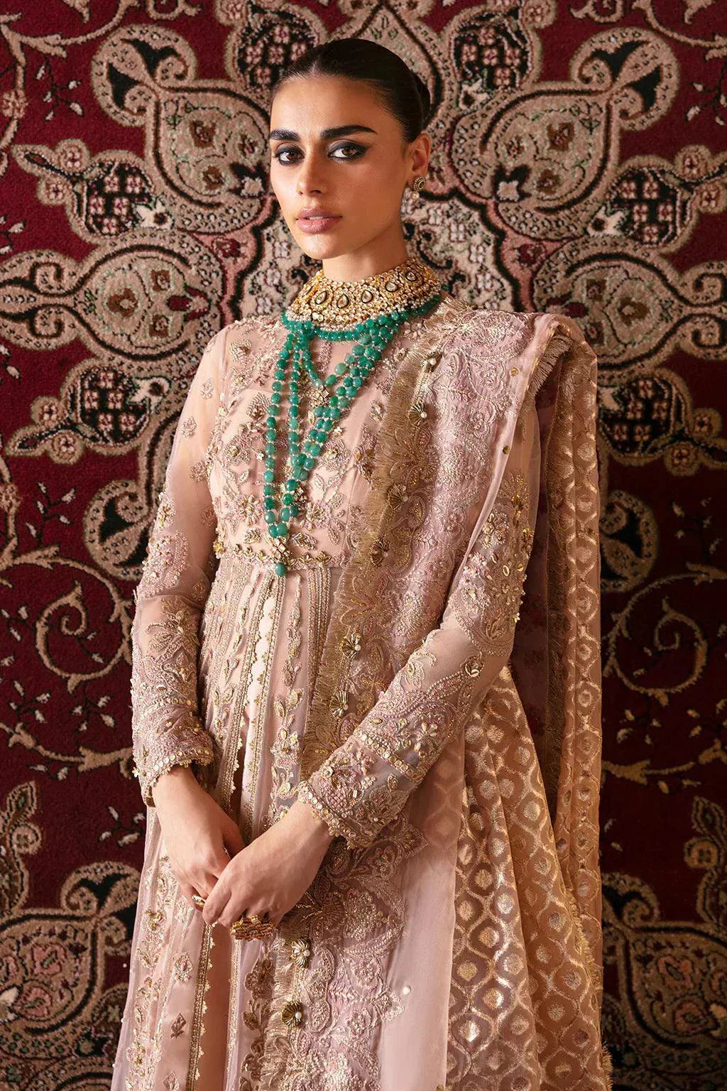 Afrozeh Hayat Wedding Formals 23 Rubab – Peach Pakistani Dress with intricate embroidery and embellishments. Shop elegant Asian dresses at Maria Faisal.
