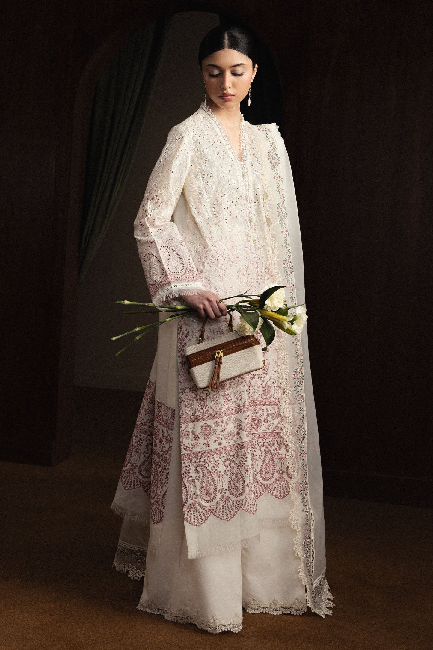 Model Wearing Off White Pima Lawn Long Shirt - Zara Shahjahan | Satori 2026 | Hoshimi-D12 - Ladies Clothes - Maria Faisal