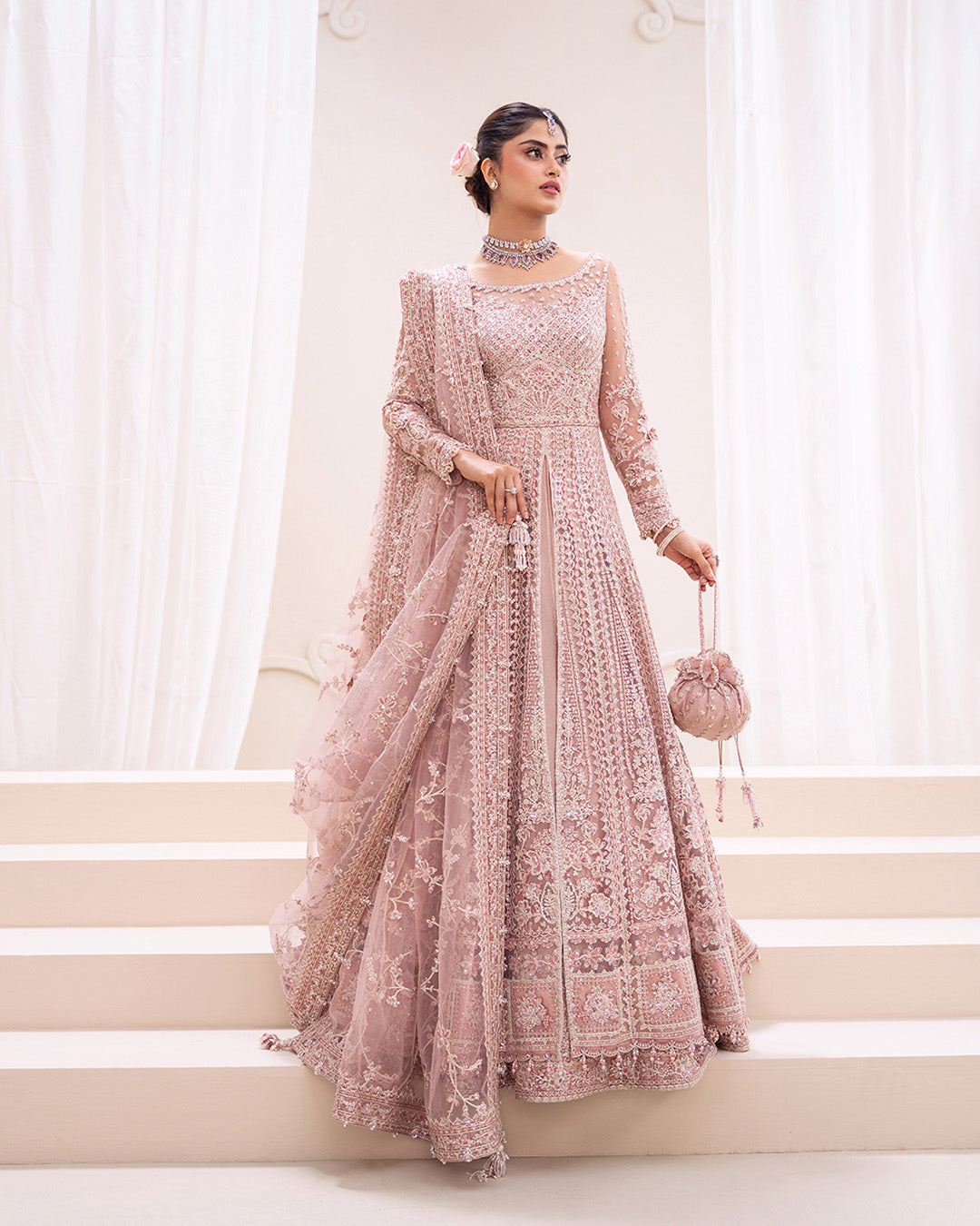 Blush Pink Embroidered Net Open Pishwas with Lehnga - Faiza Saqlain | Rua  Wedding Formals | Leyan