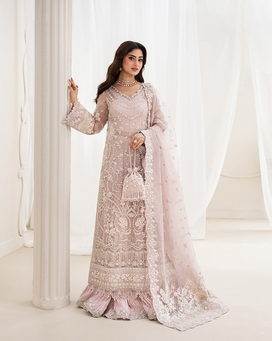 Blush Pink Embroidered Organza Long Shirt with Crushed Sharara - Faiza  Saqlain | Rua Wedding Formals | Ela