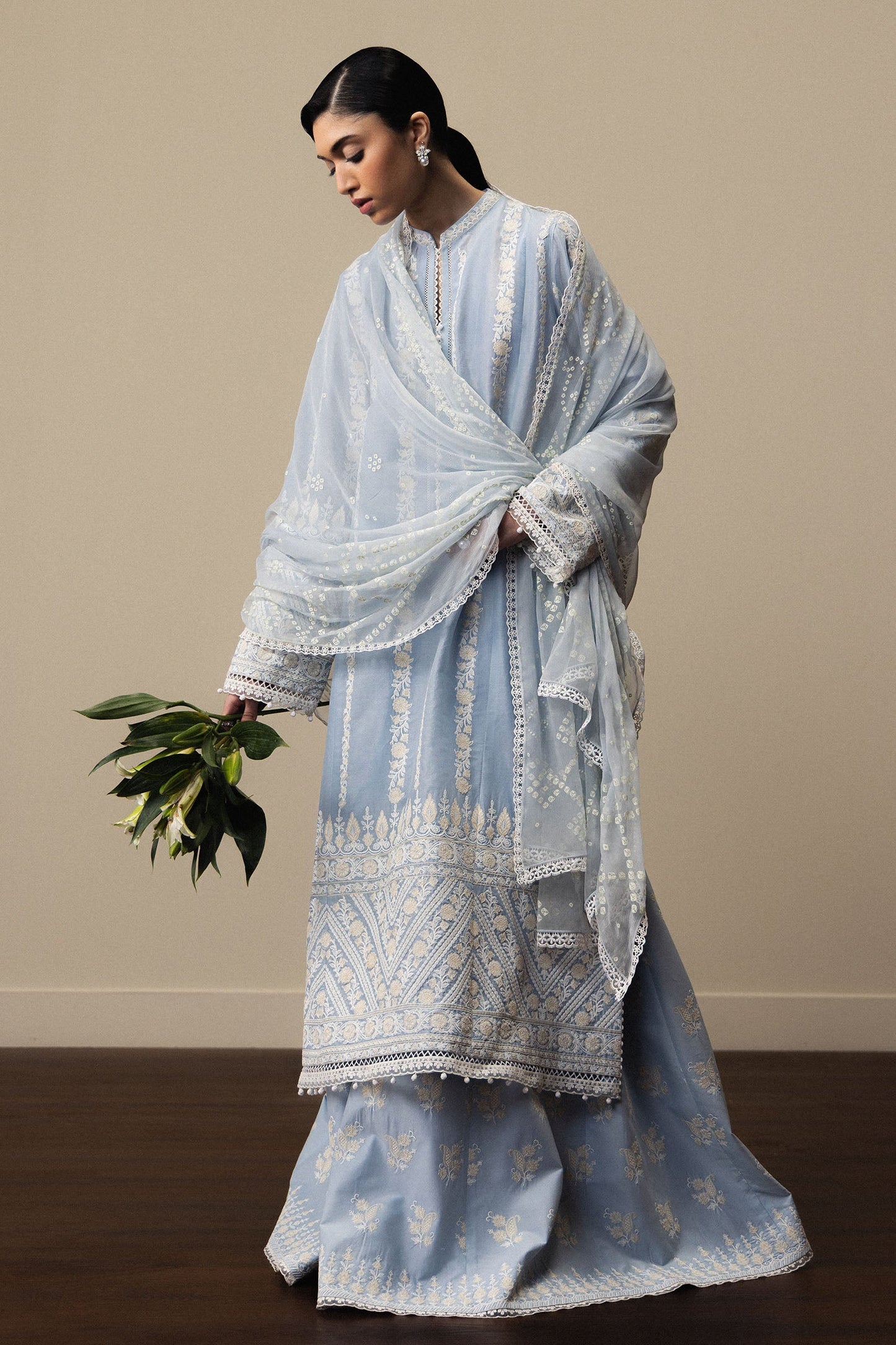 Model Wearing Powder Blue Pima Lawn Shirt with Sharara - Zara Shahjahan | Satori 2026 | Aoyomi-D1 - Ladies Clothes - Maria Faisal