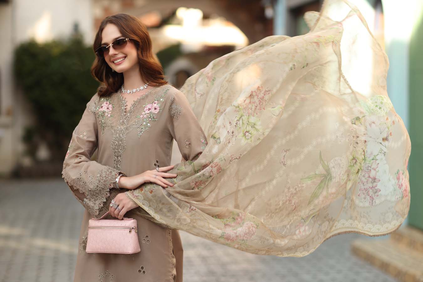 Noor by Saadia Asad | Luxe Chikankari 26 | D3 - B - Soft Mocha - Luxury Dress - available at Maria Faisal in UK and USA.