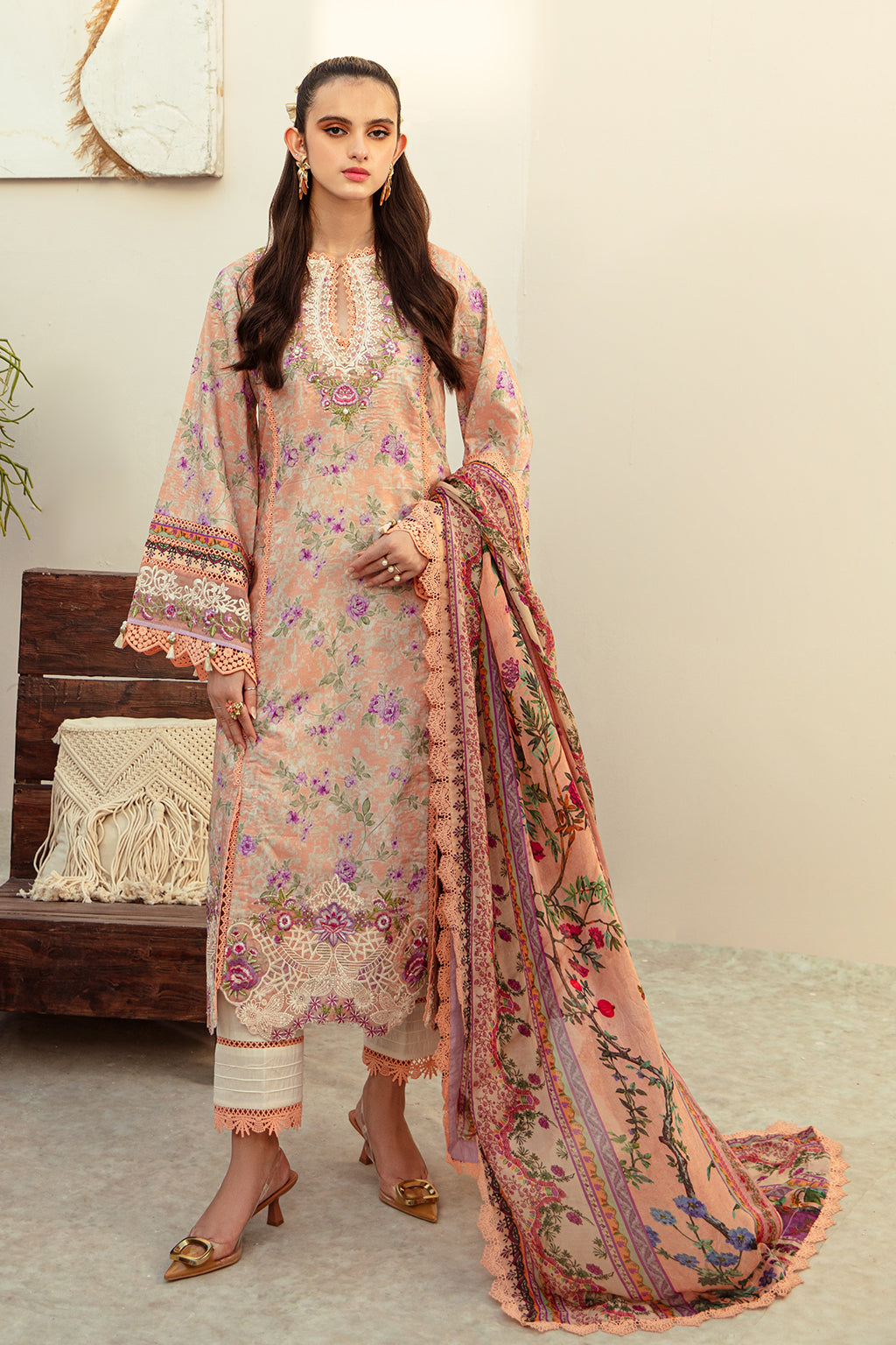 AJR Couture | Alif Affordable Lawn 24 | CORAL BLUSH - Designer Dress with Intricate embroidery and embellishments. Shop elegent wedding dress at Maria Faisal.