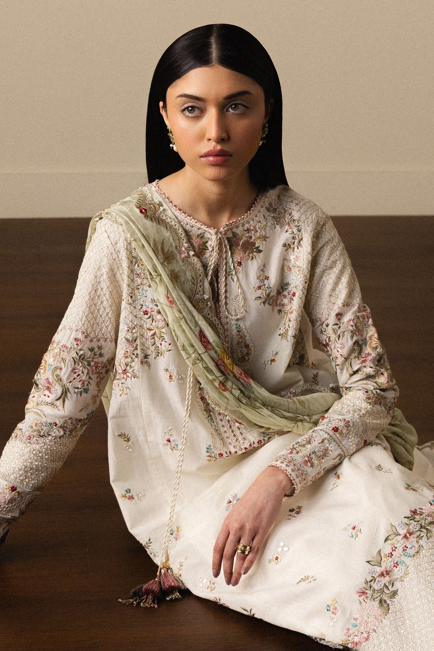 Model Wearing Off White Pima Lawn Long Shirt with Gharara - Zara Shahjahan | Satori 2026 | Shiori-D5 - Ladies Clothes - Maria Faisal