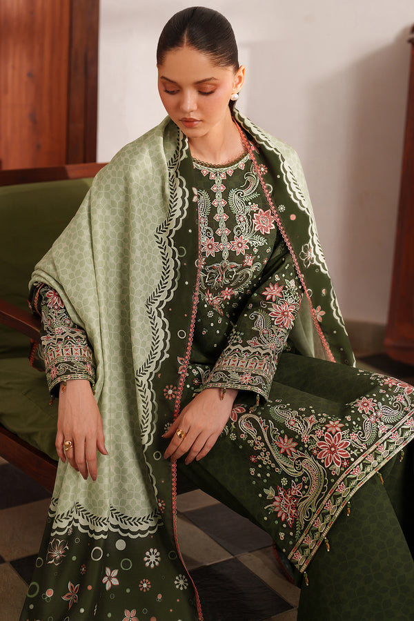 Farasha | Meline Premium Viscose 25 | Olive Drape - Luxury Dress - available at Maria Faisal in UK and USA.