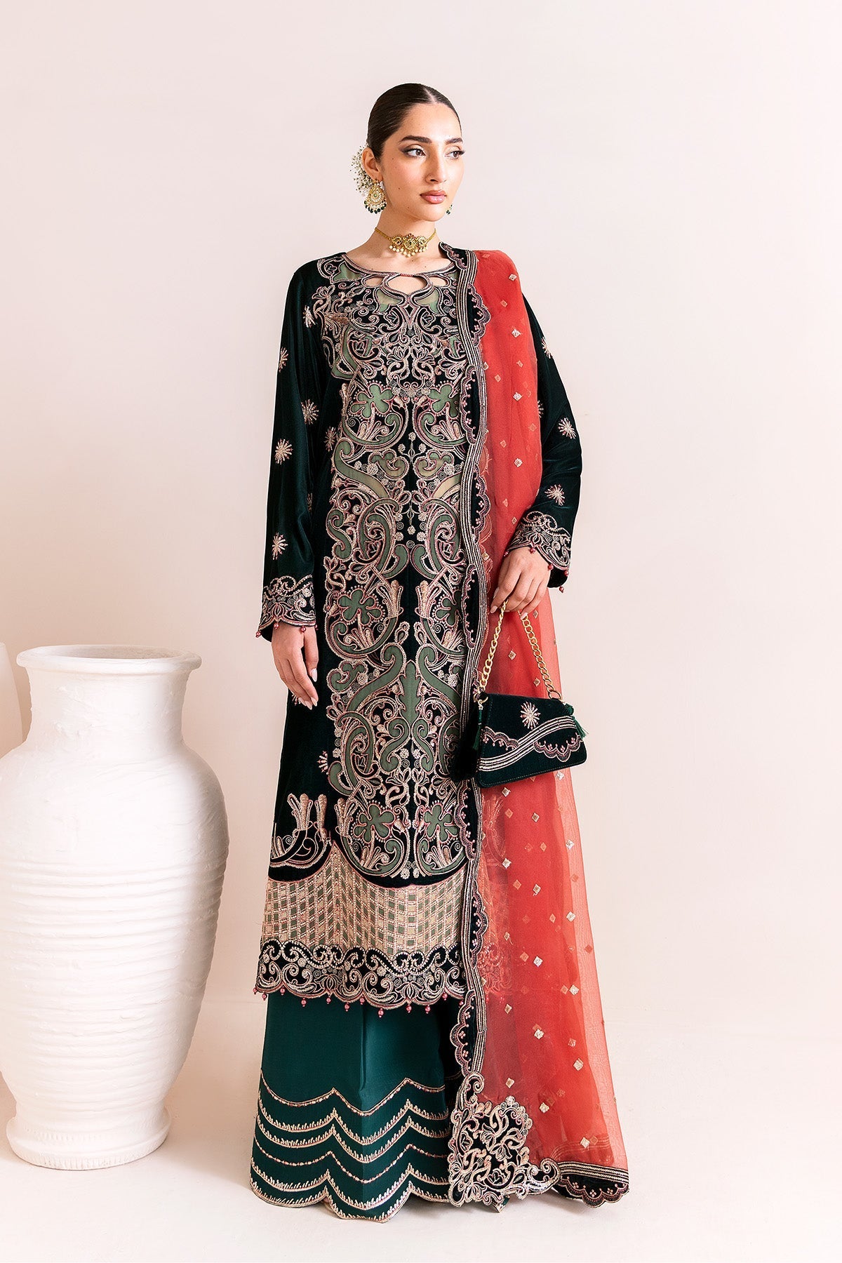Deep Teal Embroidered Velvet Long Shirt - Alizeh | Makhmal Luxury Velvet  Edit | Kiswa