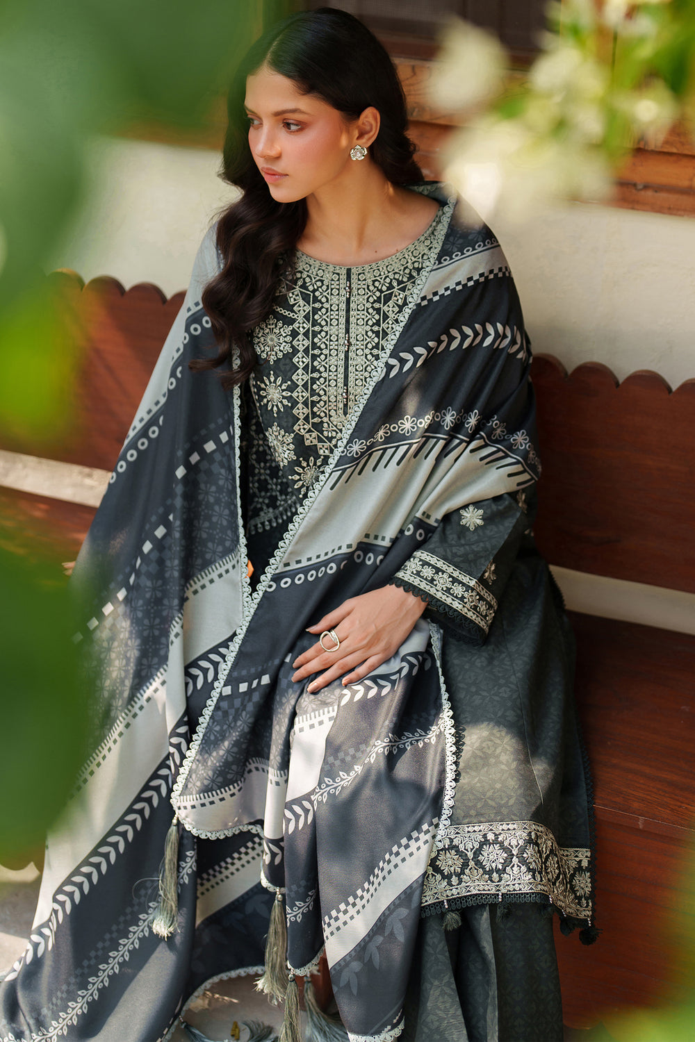 Farasha | Meline Premium Viscose 25 | Slate Gray - Luxury Dress - available at Maria Faisal in UK and USA.