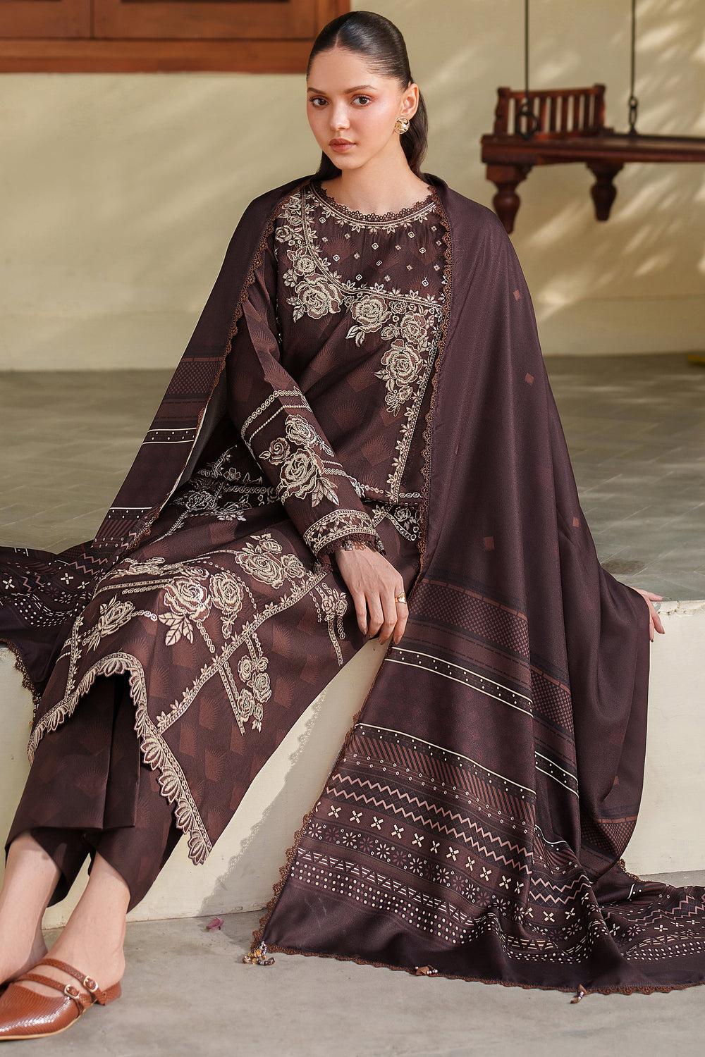 Farasha | Meline Premium Viscose 25 | Autumn Rose - Luxury Dress - available at Maria Faisal in UK and USA.