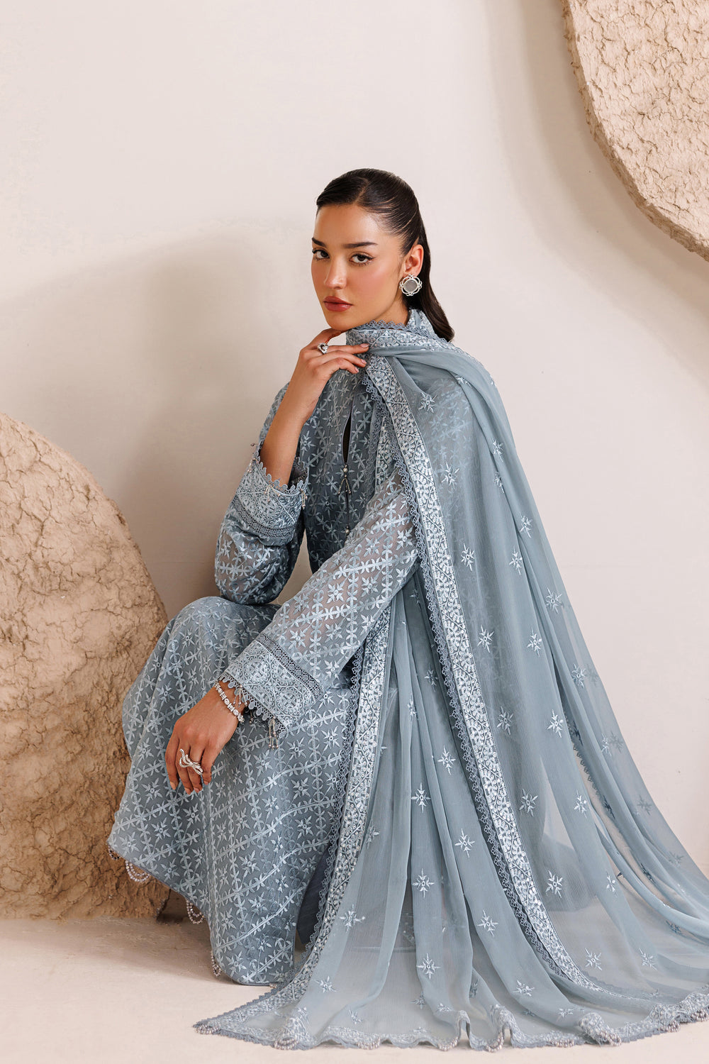 Farasha | Chiffon Threads 26 | PALE SLATE - Formal Dress - available at Maria Faisal in UK and USA.