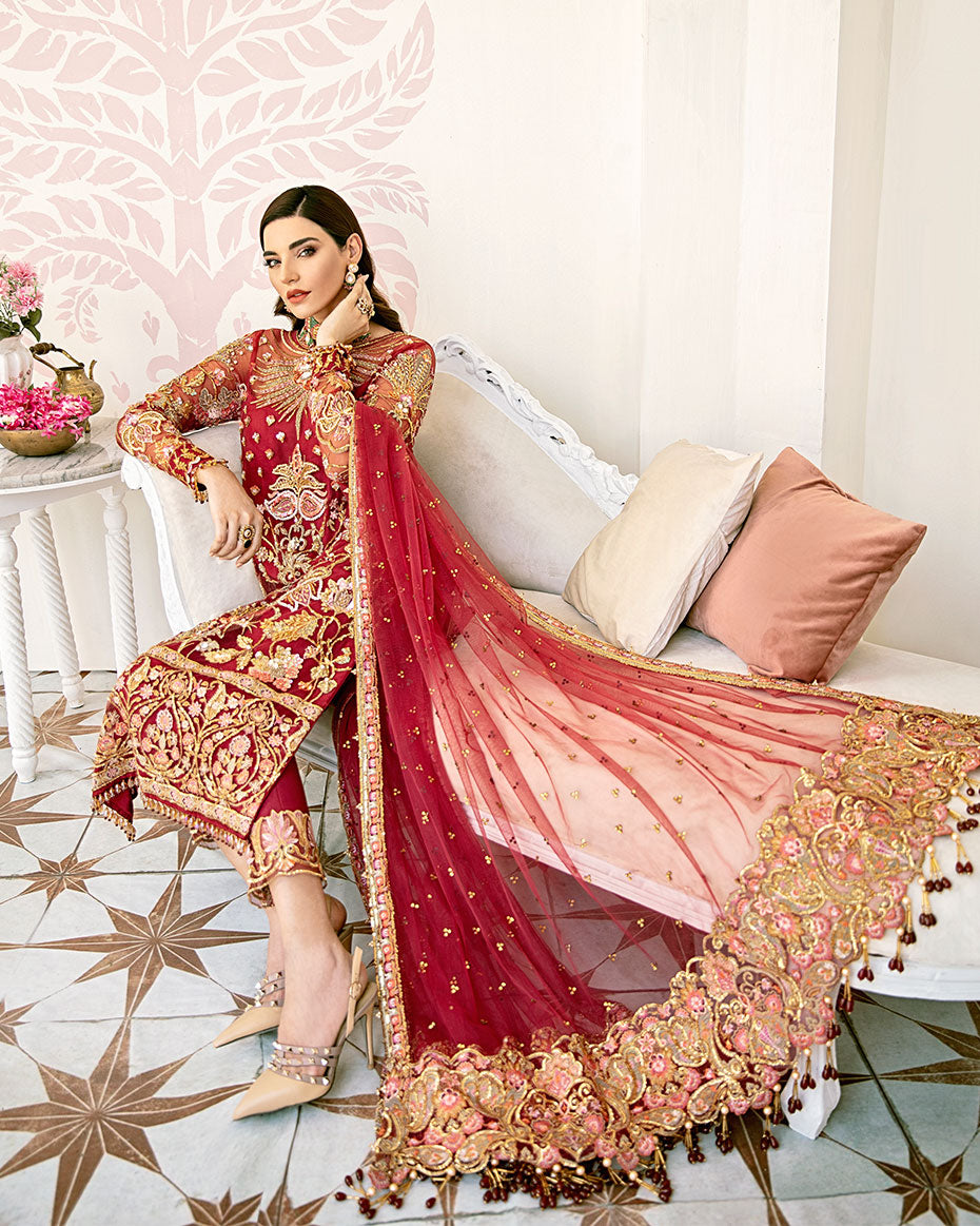 Gulaal | Wedding Formals | Rouge Embroidered Net 3-Piece Suit WS-06 - Designer Dress with Intricate embroidery and embellishments. Shop elegent wedding dress at Maria Faisal.