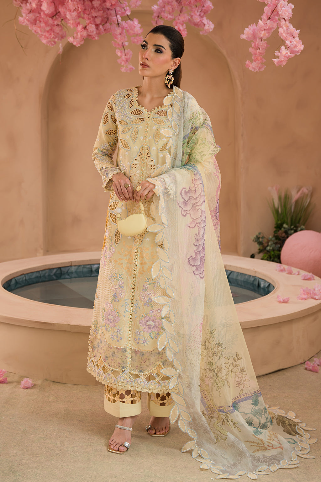 Afrozeh | The Painted Garden Lawn 24 | Sweet Saffron - Designer Dress with Intricate embroidery and embellishments. Shop elegent wedding dress at Maria Faisal.