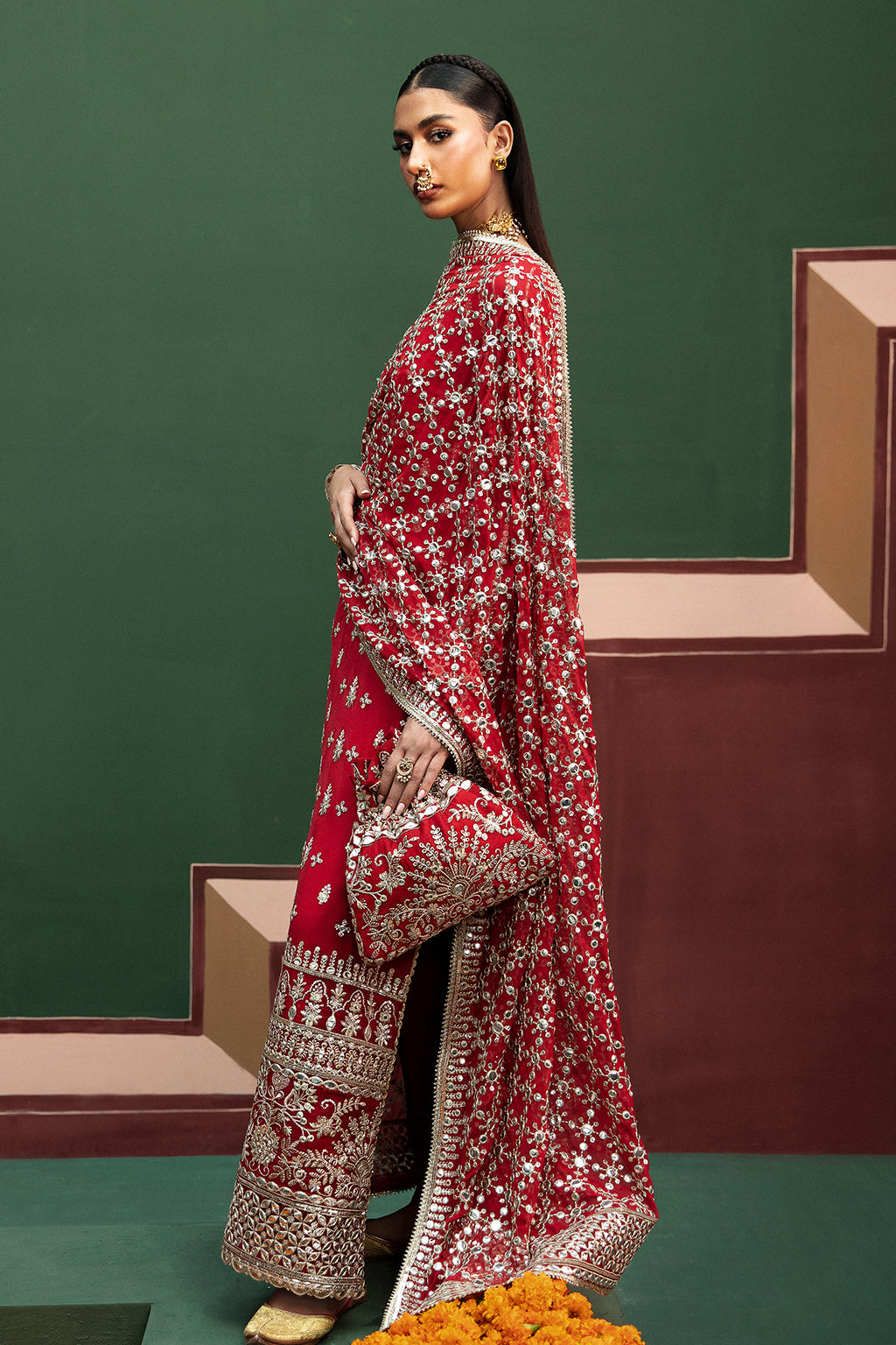 Afrozeh Shehnai Wedding Formals 24 Nishat - Red Pakistani Dress with intricate embroidery and embellishments. Shop elegant Asian dresses at Maria Faisal.