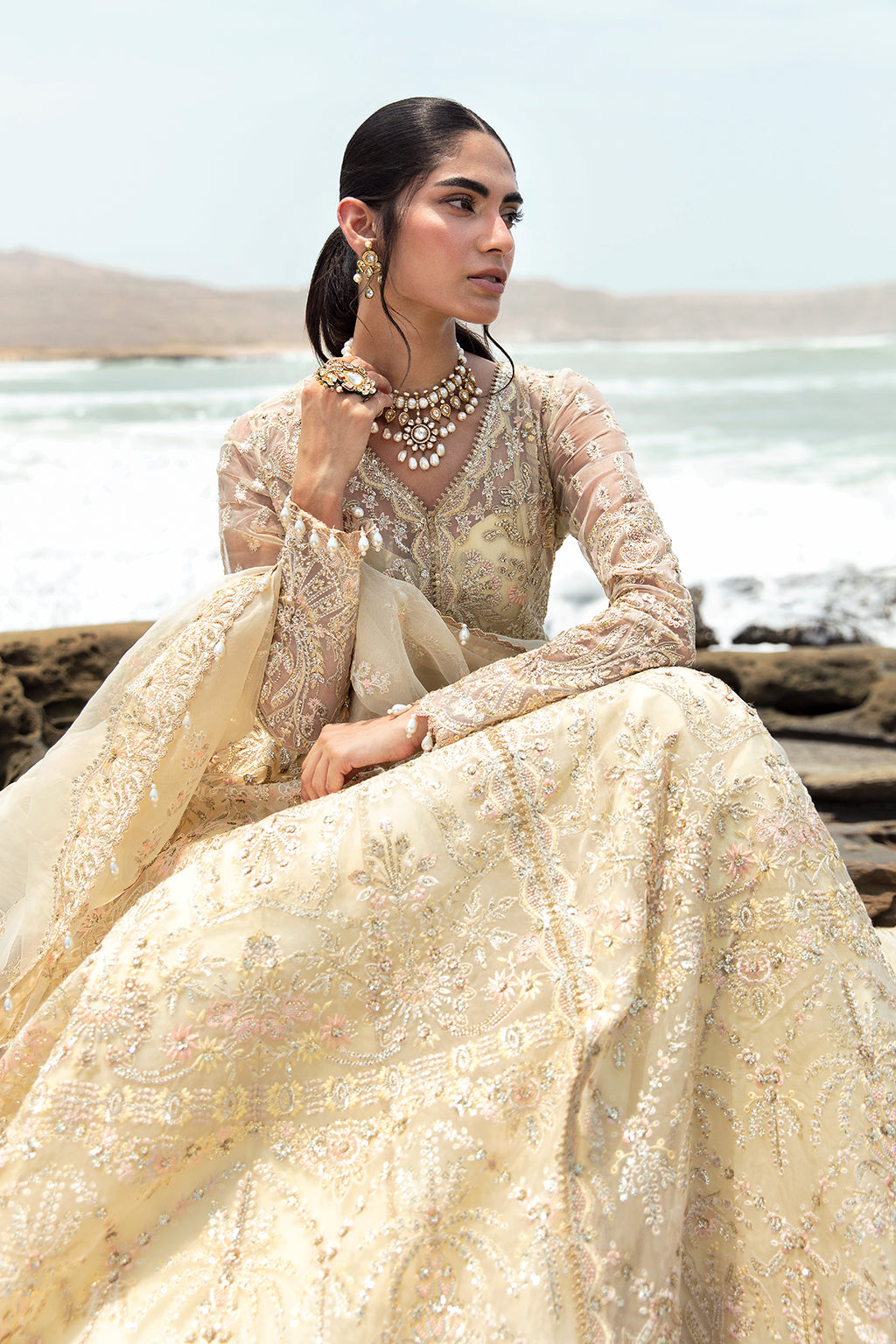 Afrozeh Dastangoi Wedding Formal'24 AROOHI - Lemon Pakistani Dress with intricate embroidery and embellishments. Shop elegant Asian dresses at Maria Faisal.