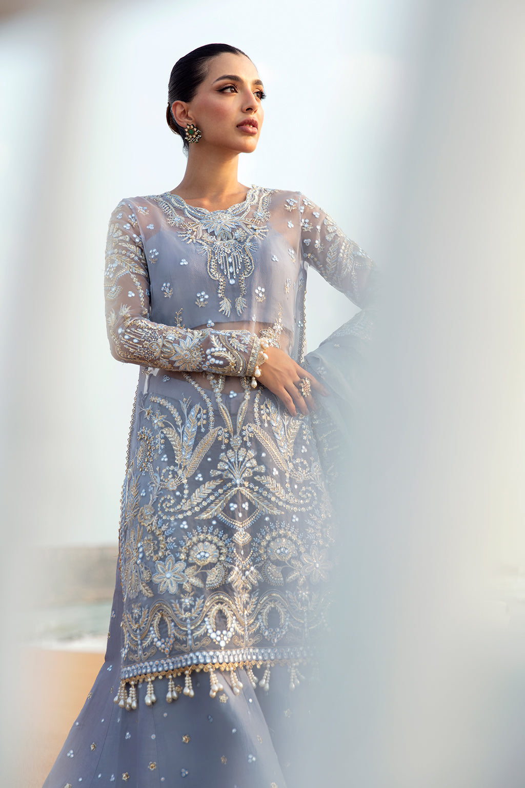 Afrozeh Dastangoi Wedding Formal'24 AWE-01 NASHMIA - Ice Blue Pakistani Dress with intricate embroidery and embellishments. Shop elegant Asian dresses at Maria Faisal.