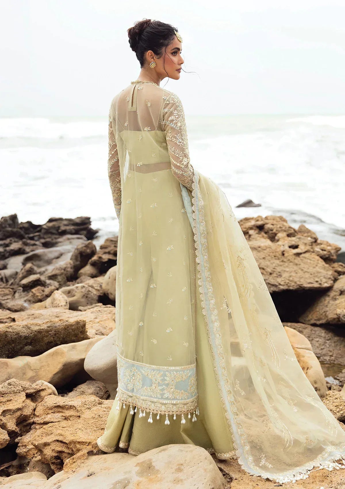 Afrozeh Dastangoi Wedding Formal'24 LEELA - Mint Green Pakistani Dress with intricate embroidery and embellishments. Shop elegant Asian dresses at Maria Faisal.