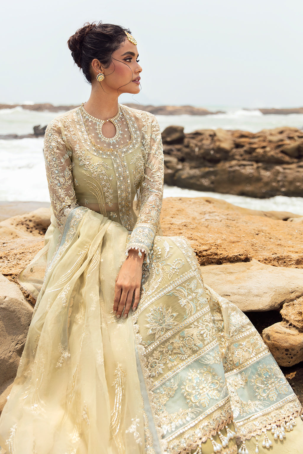 Afrozeh Dastangoi Wedding Formal'24 LEELA - Mint Green Pakistani Dress with intricate embroidery and embellishments. Shop elegant Asian dresses at Maria Faisal.
