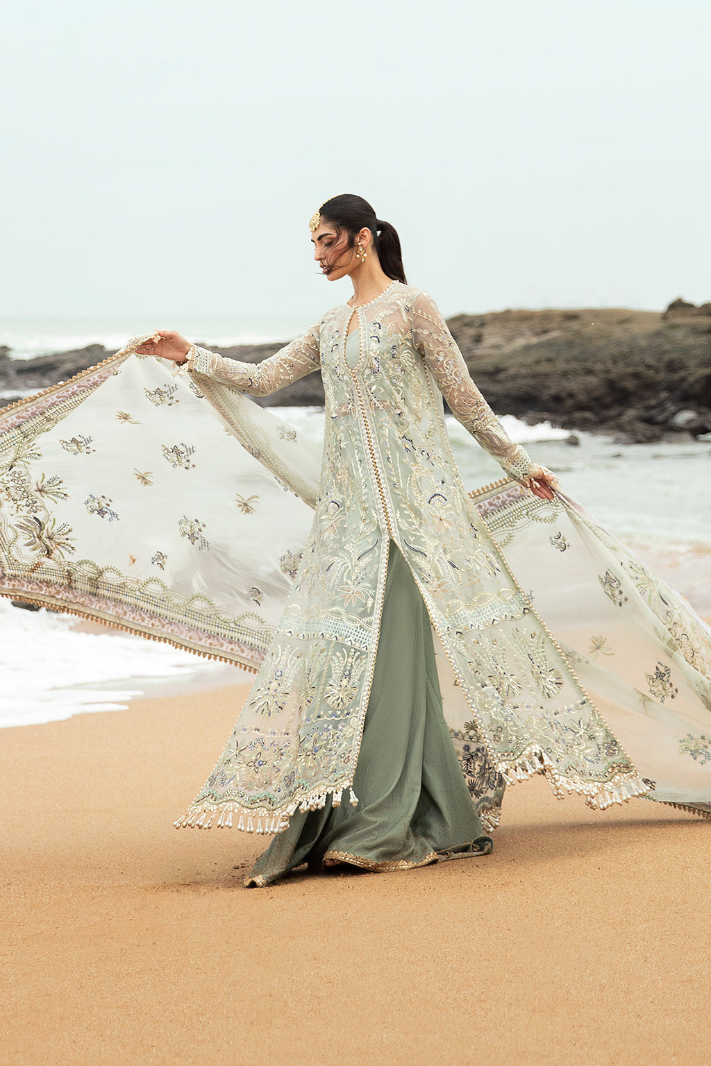 Afrozeh Dastangoi Wedding Formal'24 SHANZAY - Sea Green Pakistani Dress with intricate embroidery and embellishments. Shop elegant Asian dresses at Maria Faisal.