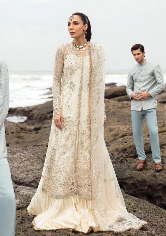 Afrozeh Dastangoi Wedding Formal'24 SHUGUFTA - Off White Pakistani Dress with intricate embroidery and embellishments. Shop elegant Asian dresses at Maria Faisal.