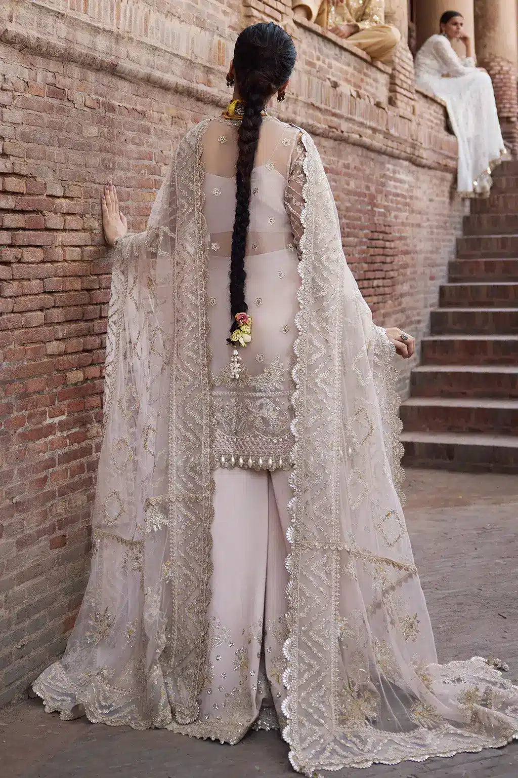 Afrozeh Dastangoi Wedding Formals Meharbano– Powder Pink Pakistani Dress with intricate embroidery and embellishments. Shop elegant Asian dresses at Maria Faisal.