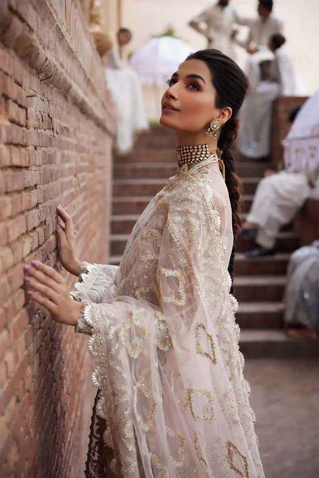 Afrozeh Dastangoi Wedding Formals Meharbano– Powder Pink Pakistani Dress with intricate embroidery and embellishments. Shop elegant Asian dresses at Maria Faisal.