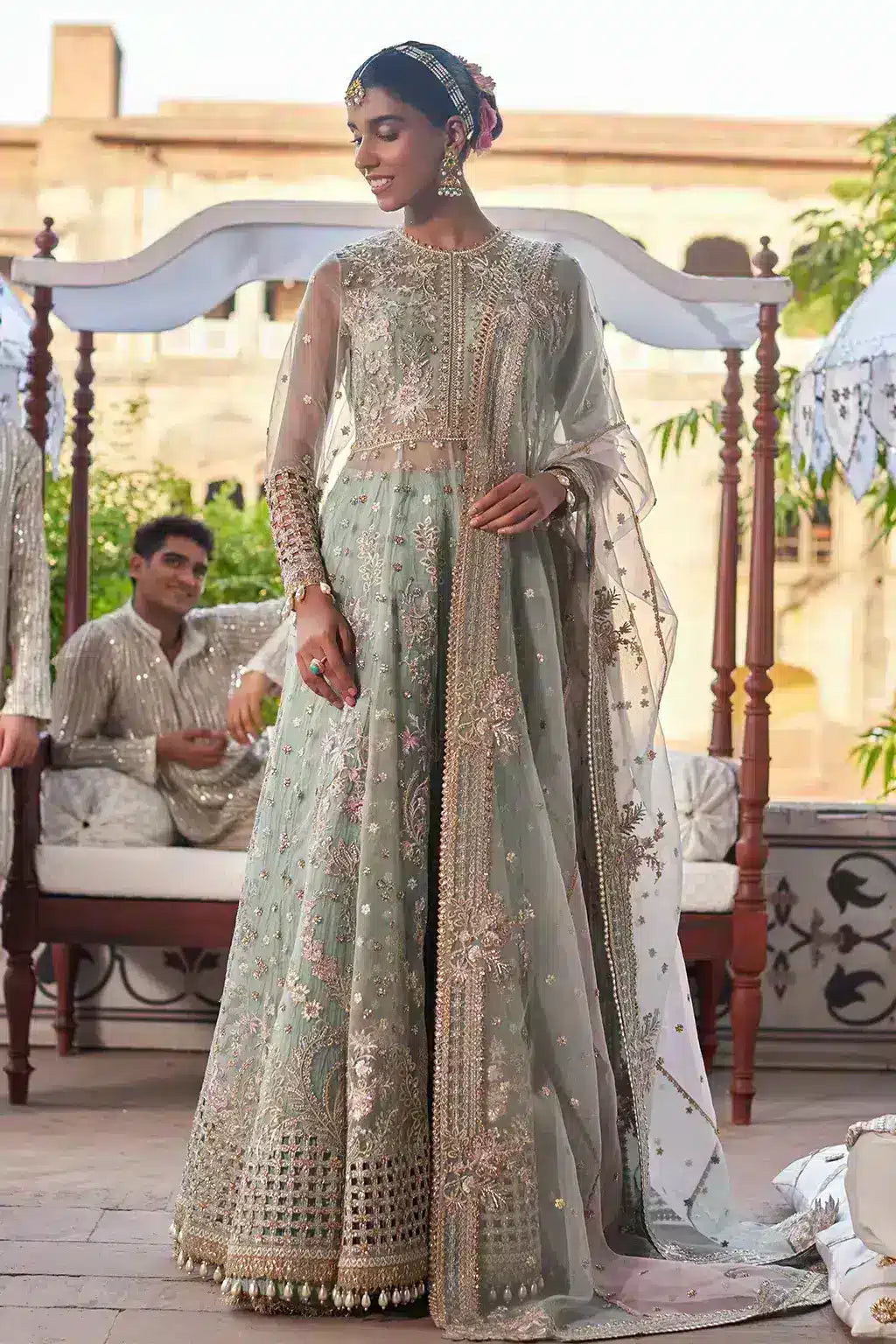 Afrozeh Dastangoi Wedding Formals Mehrunisa – Aqua Pakistani Dress with intricate embroidery and embellishments. Shop elegant Asian dresses at Maria Faisal.