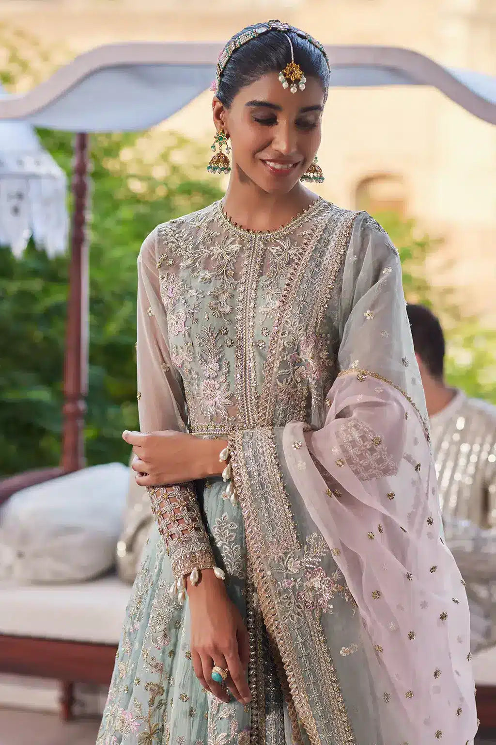 Afrozeh Dastangoi Wedding Formals Mehrunisa – Aqua Pakistani Dress with intricate embroidery and embellishments. Shop elegant Asian dresses at Maria Faisal.