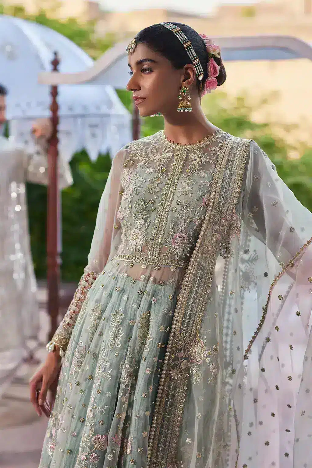 Afrozeh Dastangoi Wedding Formals Mehrunisa – Aqua Pakistani Dress with intricate embroidery and embellishments. Shop elegant Asian dresses at Maria Faisal.