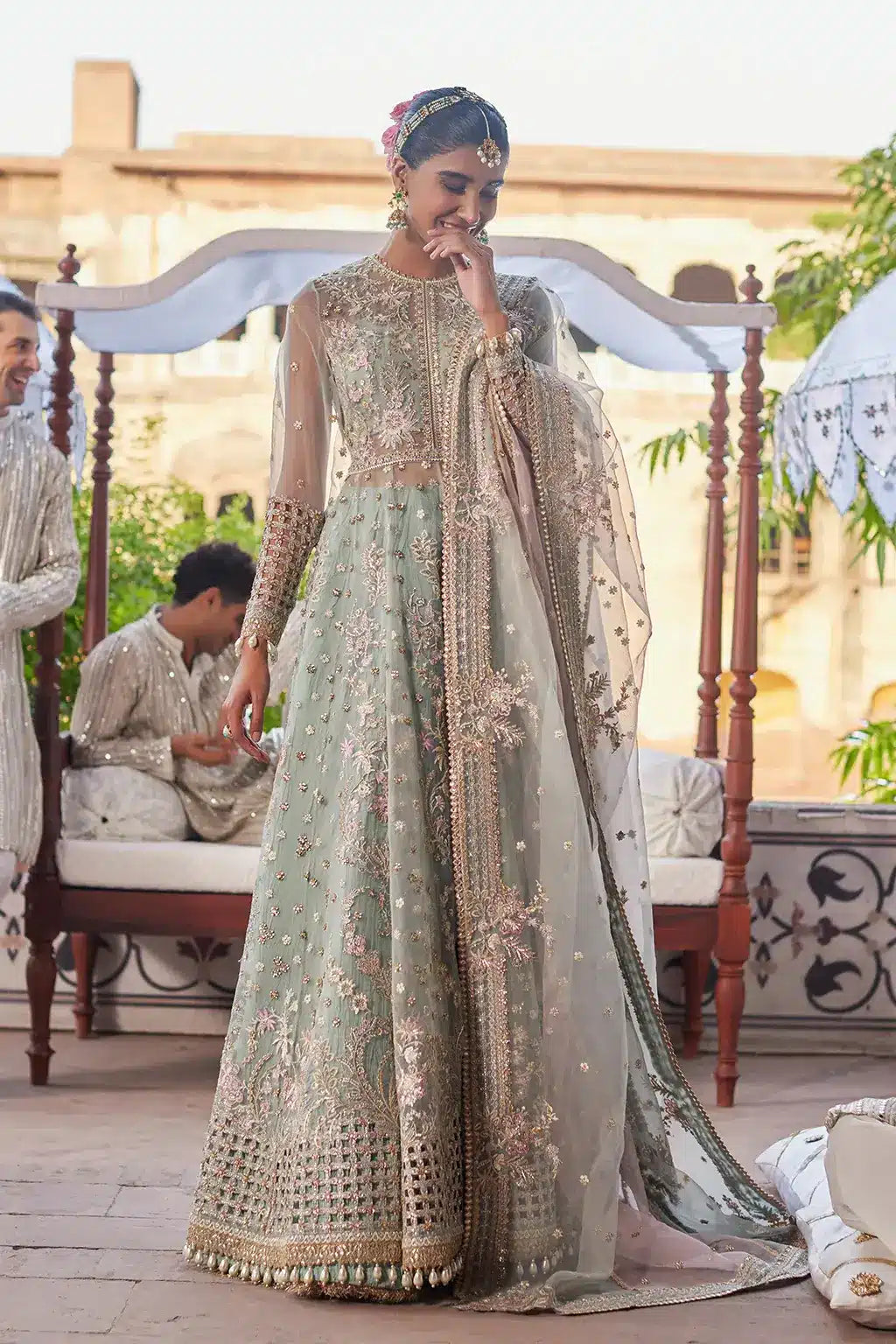 Afrozeh Dastangoi Wedding Formals Mehrunisa – Aqua Pakistani Dress with intricate embroidery and embellishments. Shop elegant Asian dresses at Maria Faisal.