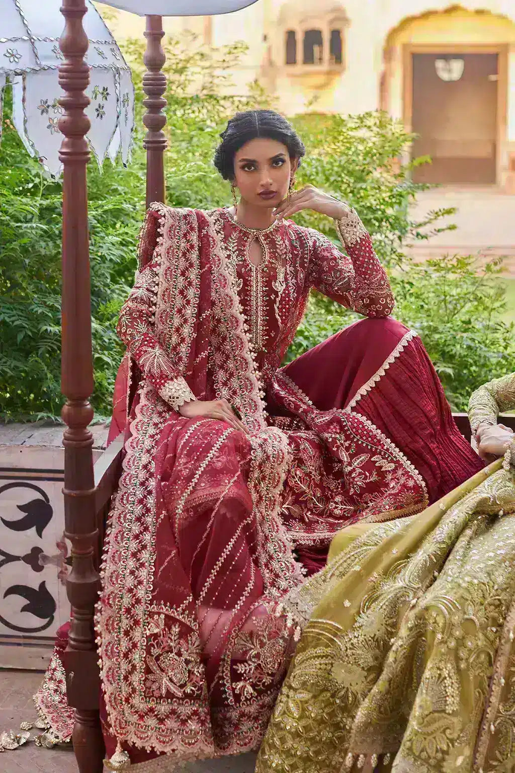 Afrozeh Dastangoi Wedding Formals Noor Jehan – Maroon Orange Pakistani Dress with intricate embroidery and embellishments. Shop elegant Asian dresses at Maria Faisal.