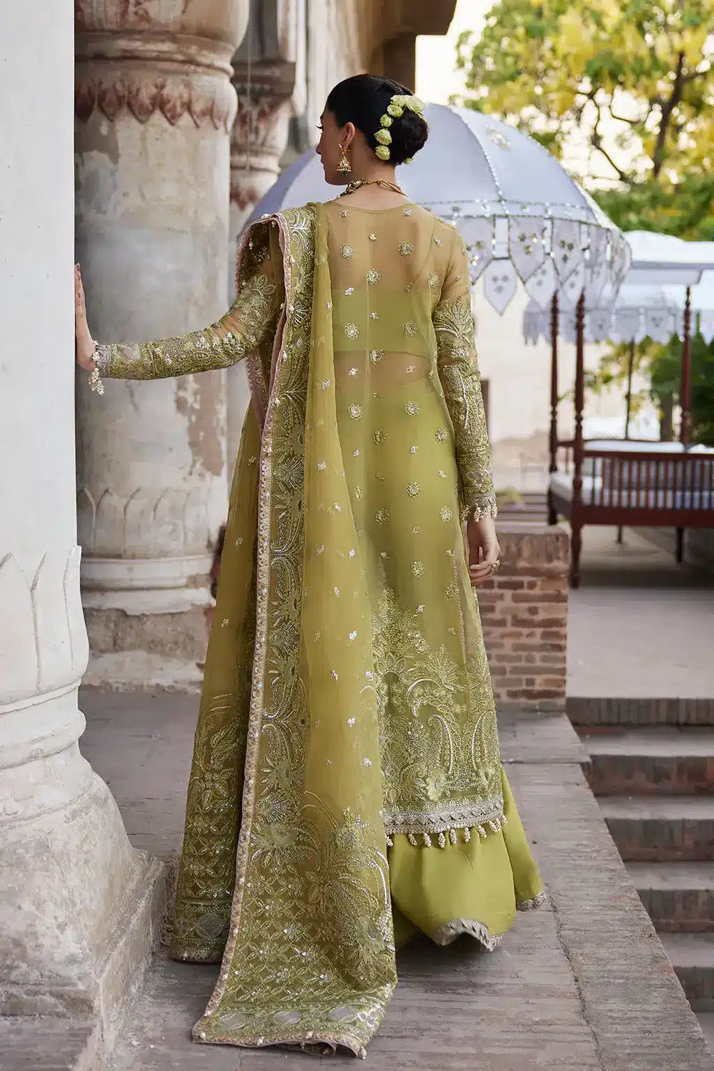 Afrozeh Dastangoi Wedding Formals Shehnaz – Green Pakistani Dress with intricate embroidery and embellishments. Shop elegant Asian dresses at Maria Faisal.