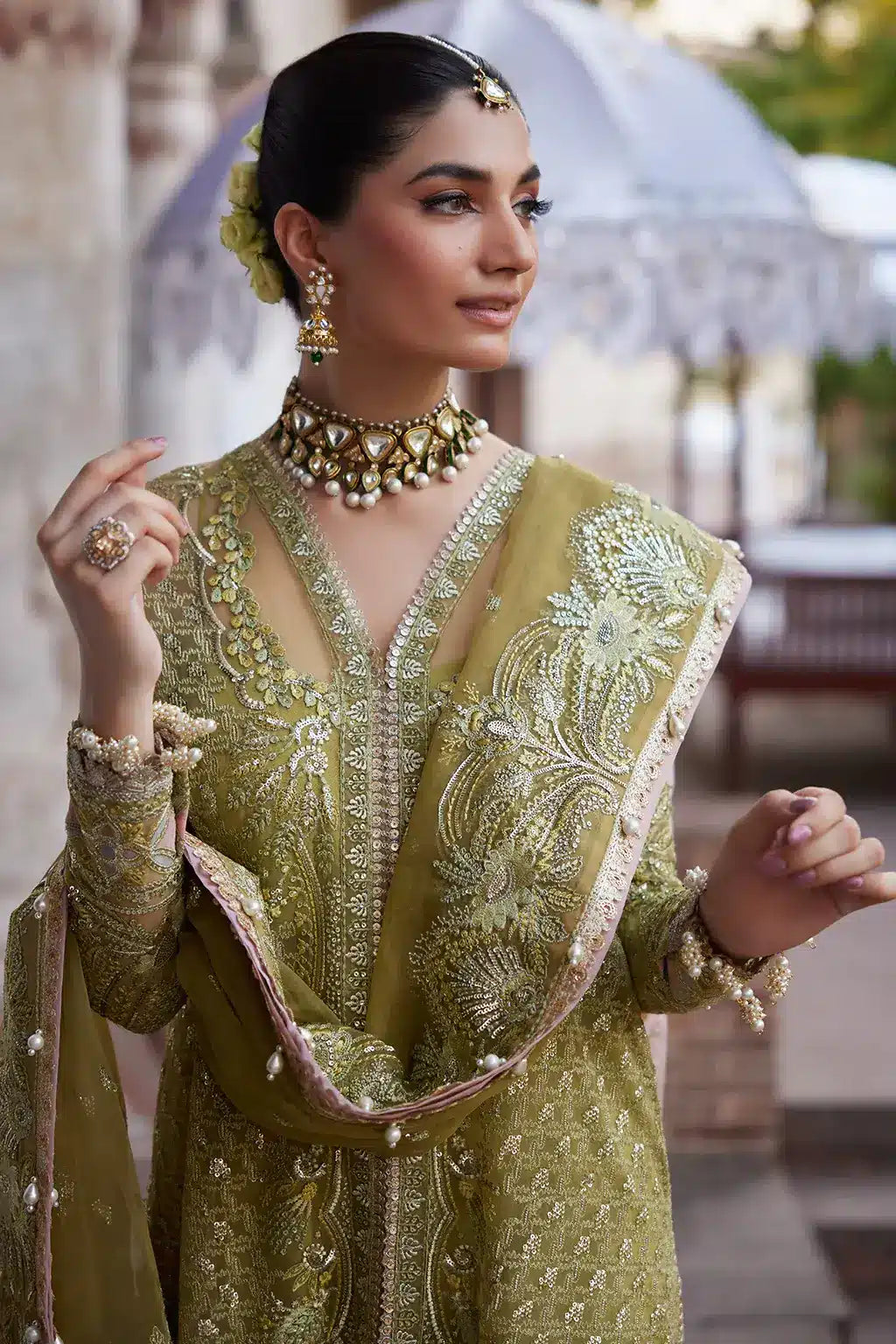 Afrozeh Dastangoi Wedding Formals Shehnaz – Green Pakistani Dress with intricate embroidery and embellishments. Shop elegant Asian dresses at Maria Faisal.