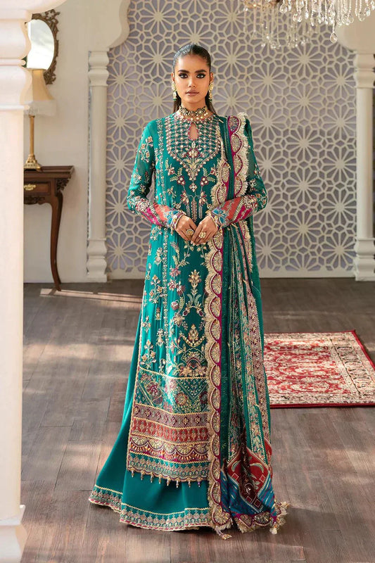 Afrozeh Hayat Wedding Formals 23 Ayat– Green Pakistani Dress with intricate embroidery and embellishments. Shop elegant Asian dresses at Maria Faisal.