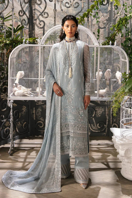 Afrozeh La Fuchsia 24 Caroline – Ice Blue Pakistani Bridal Dress with intricate embroidery and embellishments. Shop elegant Asian dresses at Maria Faisal.