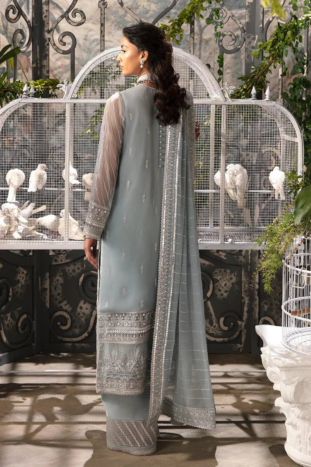 Afrozeh La Fuchsia 24 Caroline – Ice Blue Pakistani Bridal Dress with intricate embroidery and embellishments. Shop elegant Asian dresses at Maria Faisal.