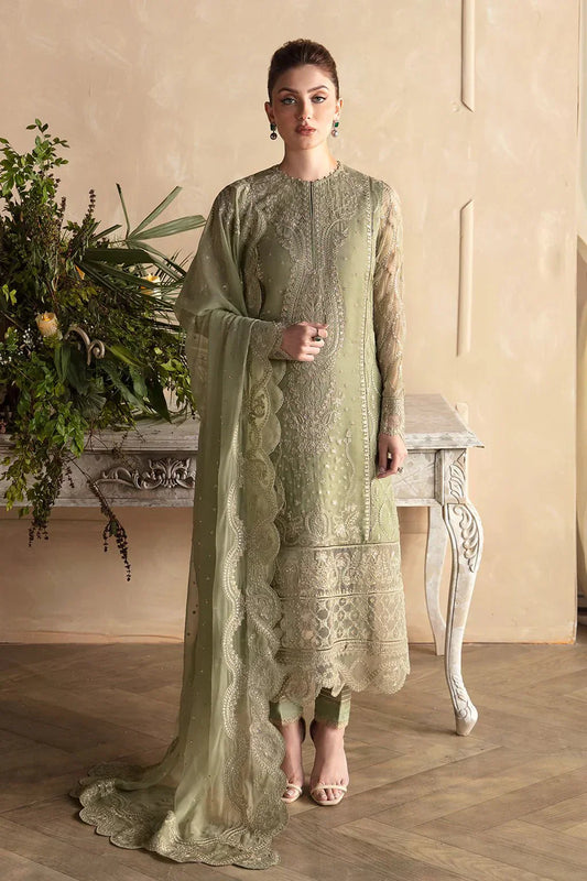 Afrozeh La Fuchsia 24 Cassia – Apple Green Pakistani Dress with intricate embroidery and embellishments. Shop elegant Asian dresses at Maria Faisal.