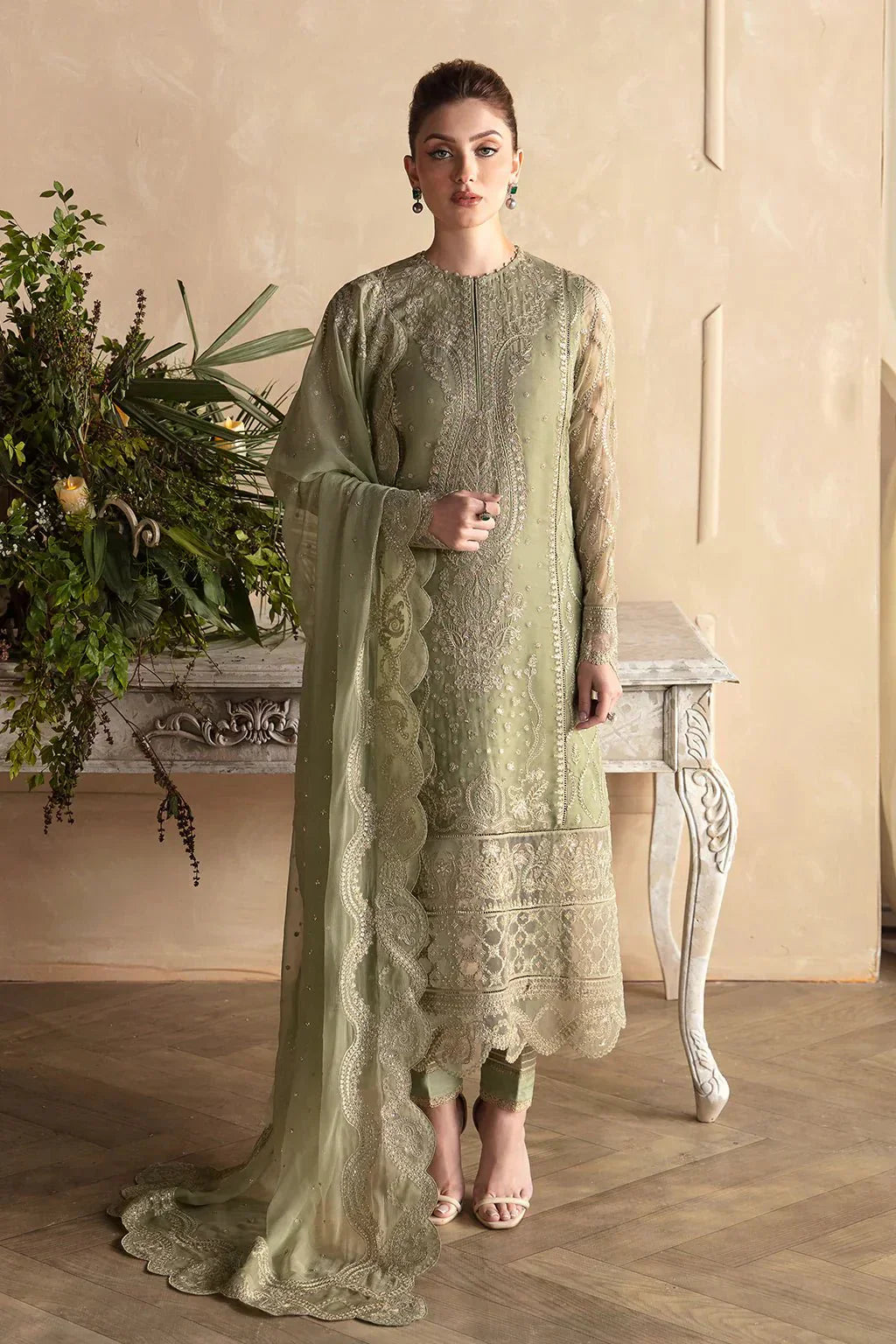 Afrozeh La Fuchsia 24 Cassia – Apple Green Pakistani Dress with intricate embroidery and embellishments. Shop elegant Asian dresses at Maria Faisal.
