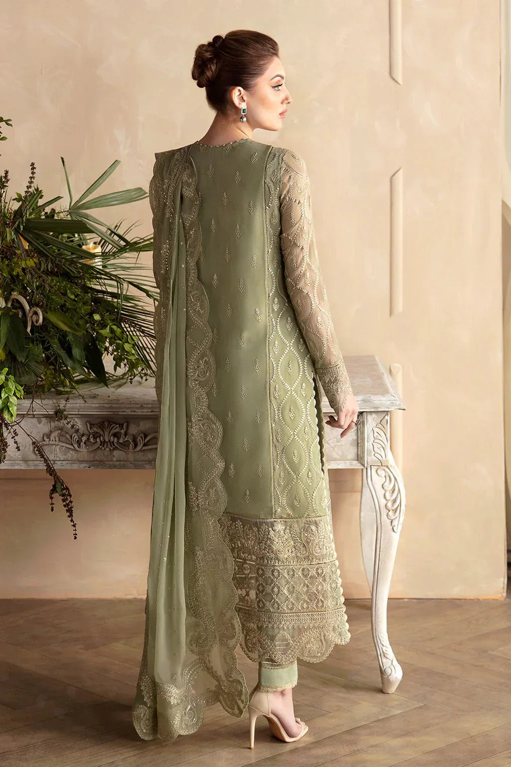Afrozeh La Fuchsia 24 Cassia – Apple Green Pakistani Dress with intricate embroidery and embellishments. Shop elegant Asian dresses at Maria Faisal.